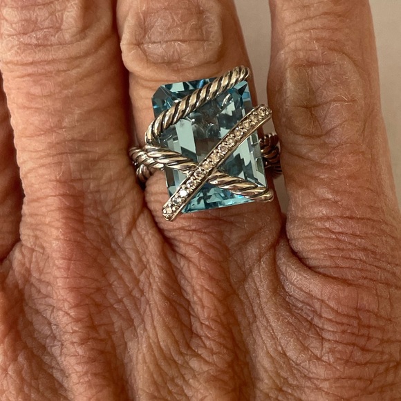 David Yurman Blue Topaz & Diamond Sterling Silver Cable Wrap Ring - Size 5 1/2 - Picture 1 of 16